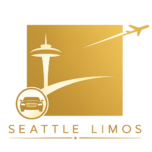 Seattle Limos gold luxury transportation logo featuring the Seattle Space Needle, limousine icon, and airplane design on a transparent background.