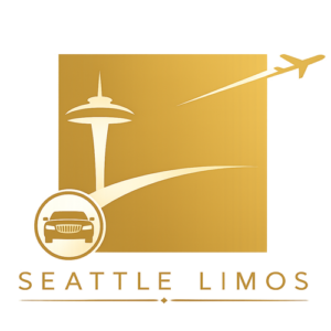 Seattle Limos gold luxury transportation logo featuring the Seattle Space Needle, limousine icon, and airplane design on a transparent background.