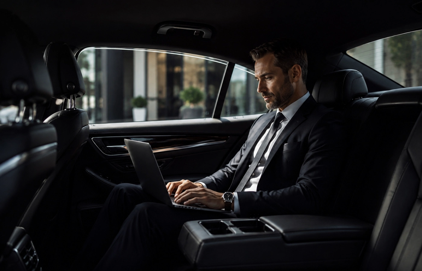 Executive passenger working comfortably inside a luxury sedan with Seattle Limos chauffeur service.