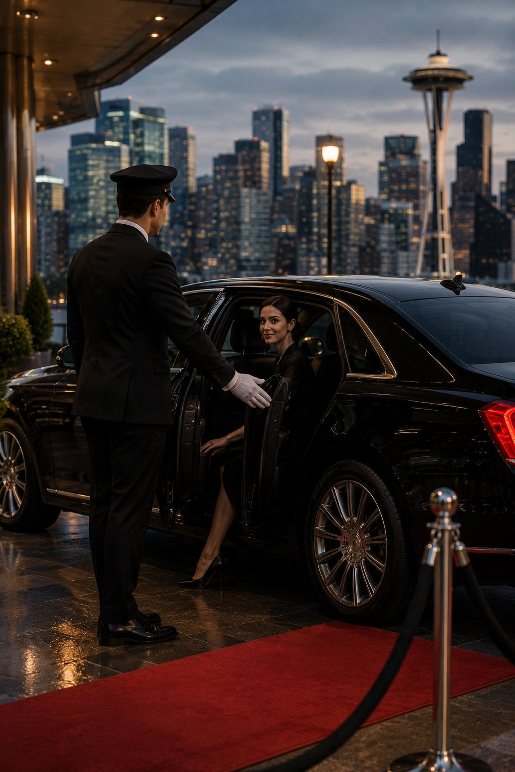 Professional chauffeur welcoming a client to a luxury limousine in Seattle.