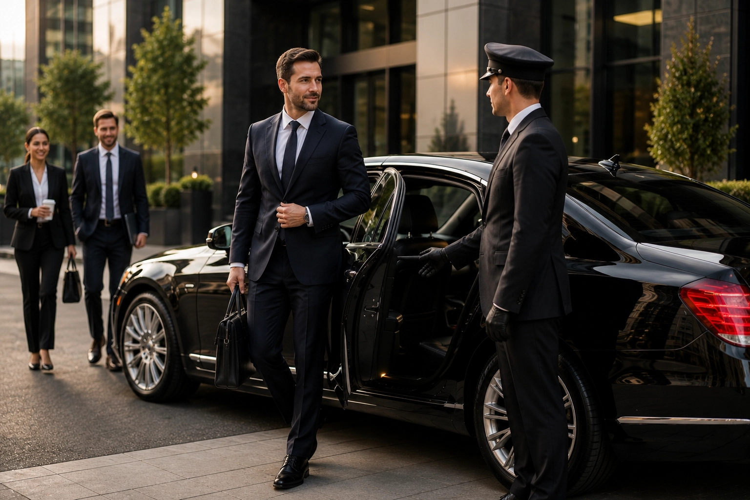 Business executive arriving at a corporate office in a luxury chauffeured sedan.