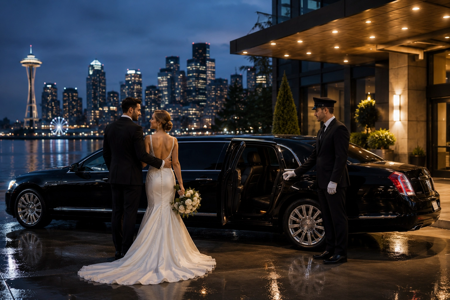 Bride and groom with a professional chauffeur beside a luxury wedding limousine in Seattle.
