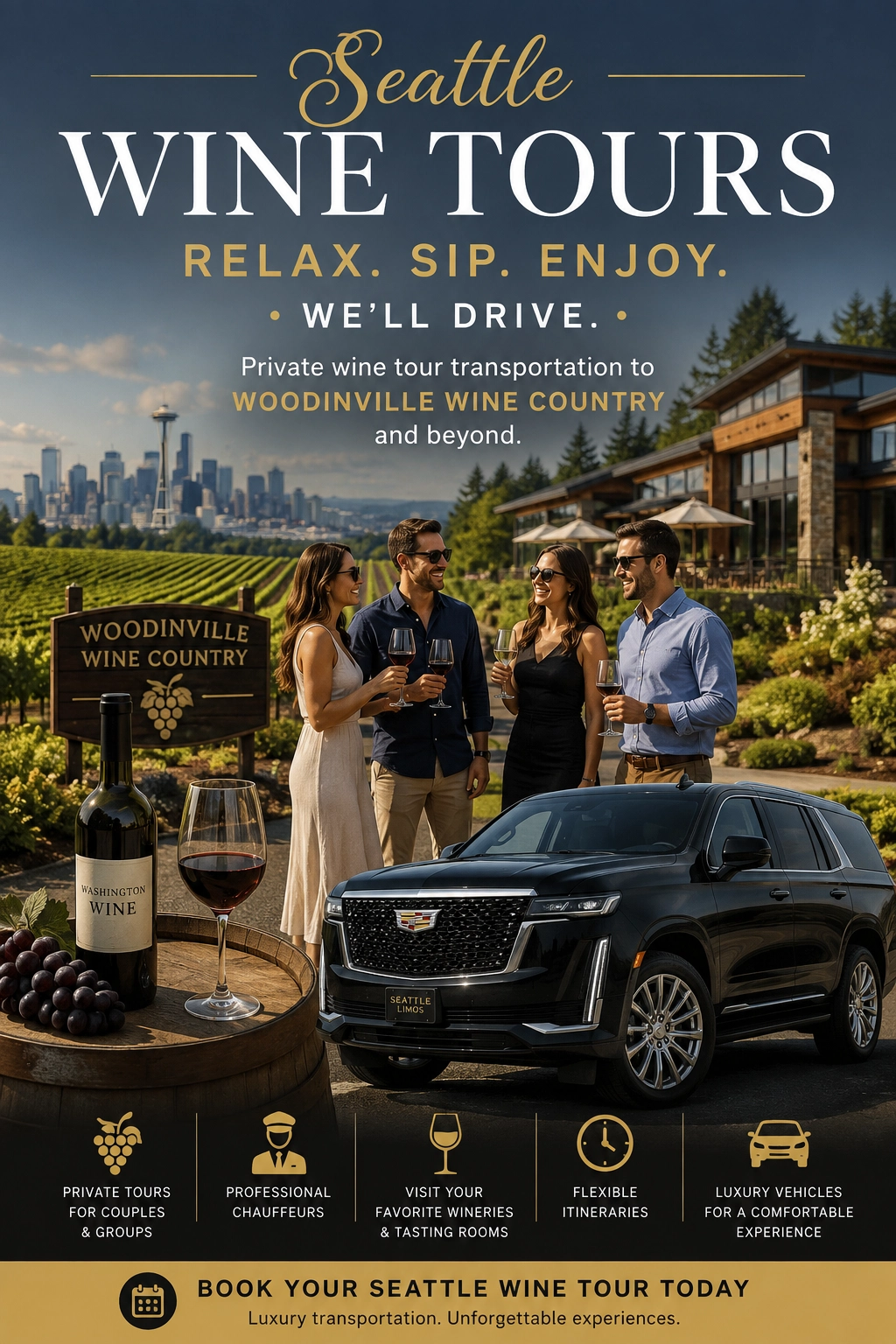 Seattle Limos private wine tour transportation to Woodinville Wine Country with luxury SUV and winery guests.